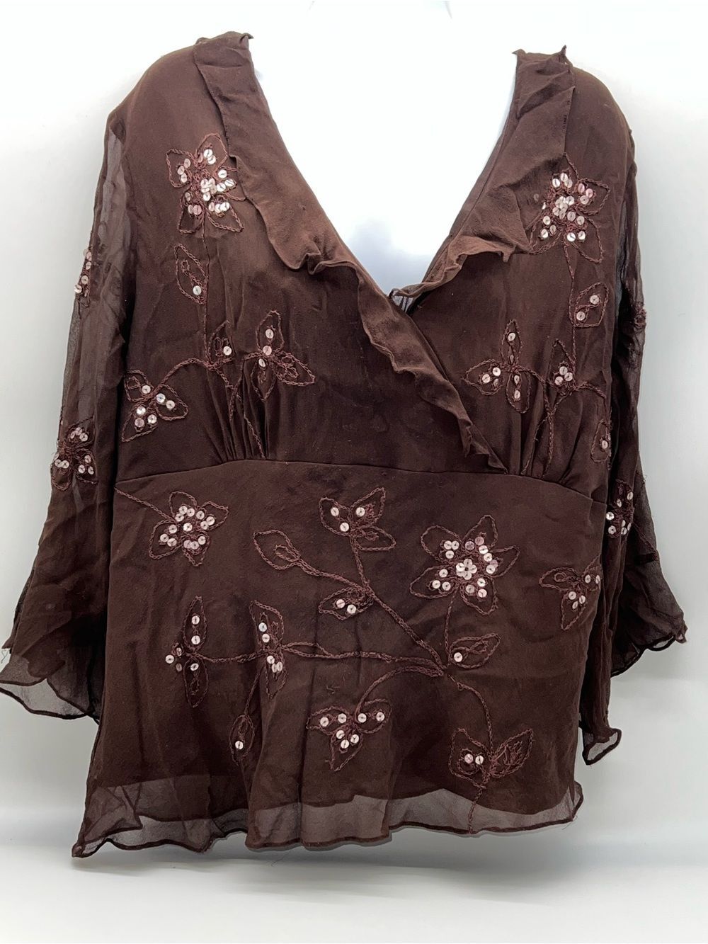 SilkLand Brown Embroidered V-Neck 100% Silk Blouse/Sequin Details on Front-Sz 2X